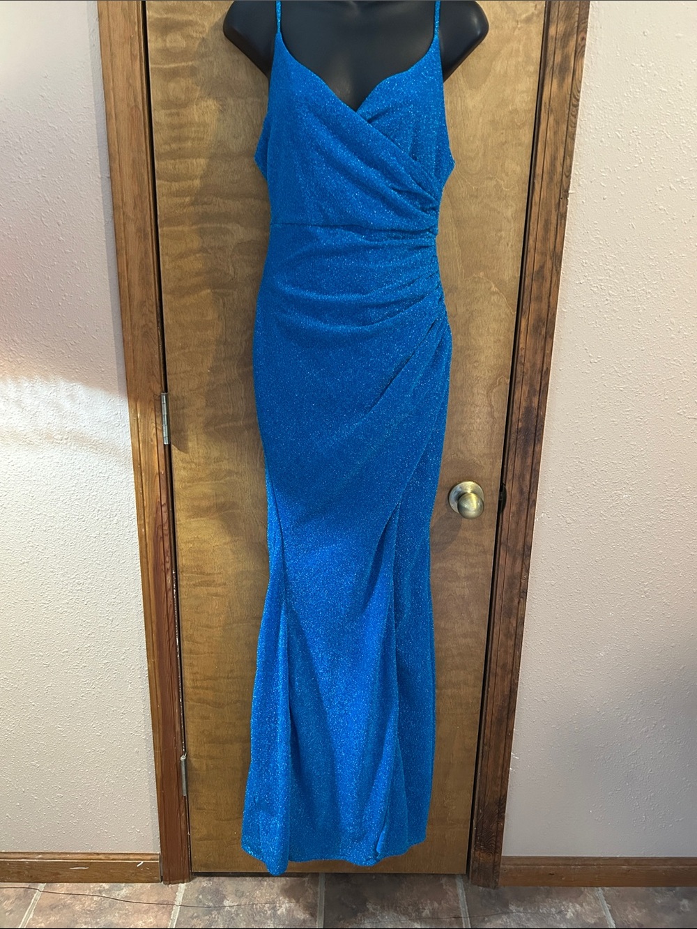 Glittering Royal Blue Prom Gown with Draped Wrap Bodice NWOT